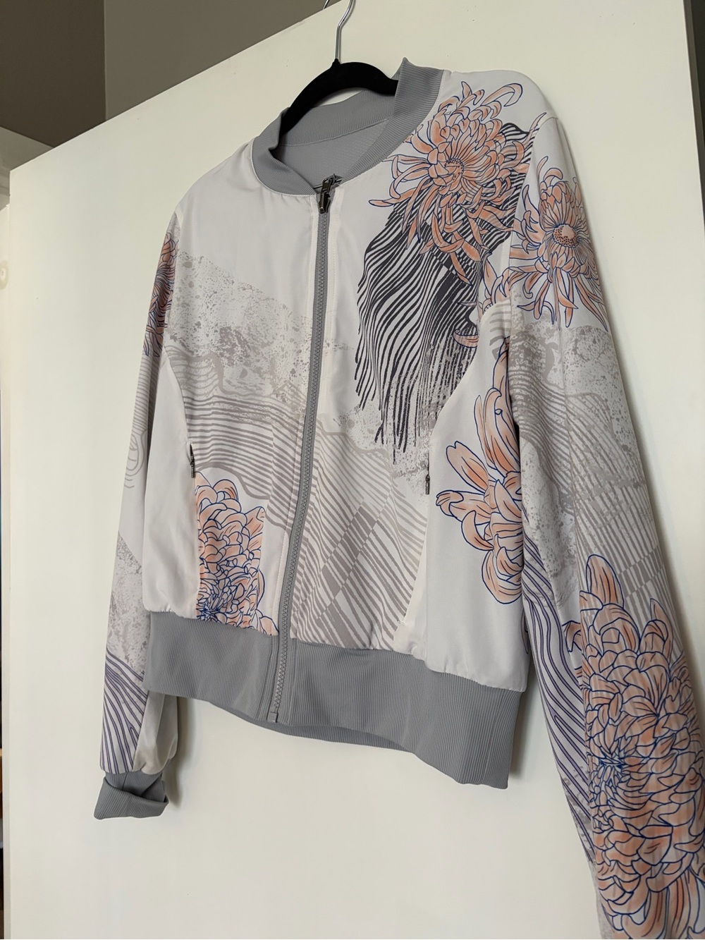 Zella Light Gray Floral Bomber Jacket with Peach Accents